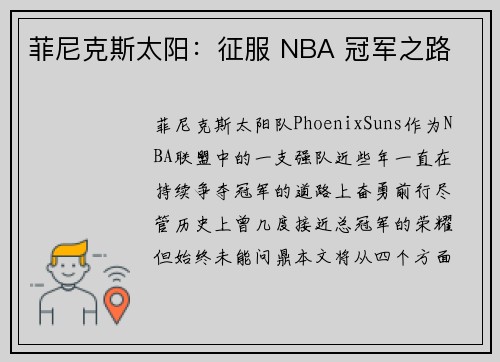 菲尼克斯太阳：征服 NBA 冠军之路