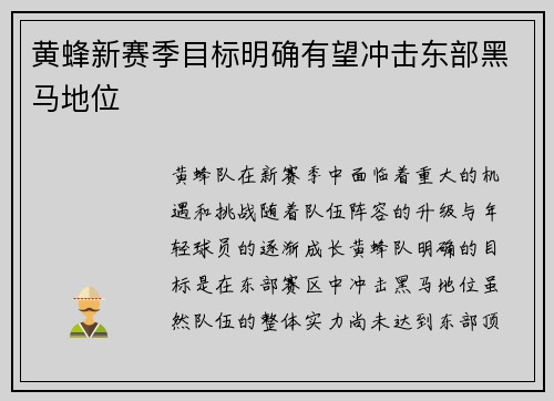 黄蜂新赛季目标明确有望冲击东部黑马地位